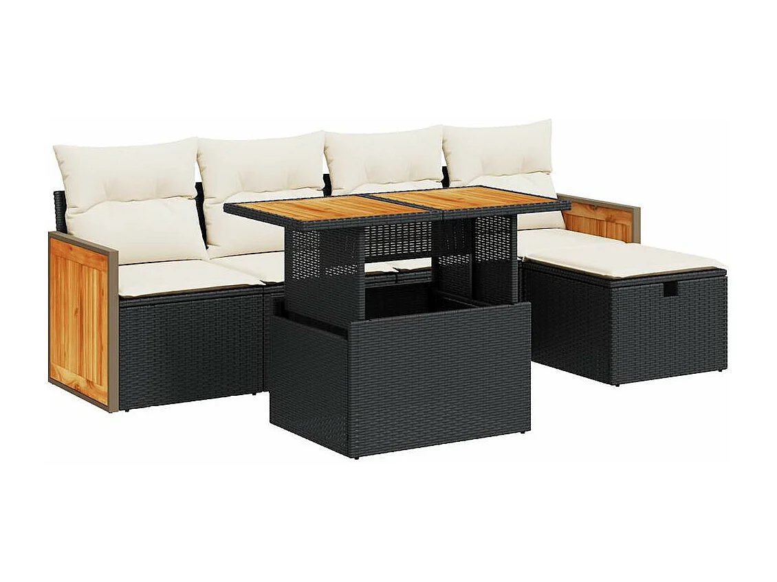 Set de sofás de jardín 6 piezas y cojines ratán sintético negro