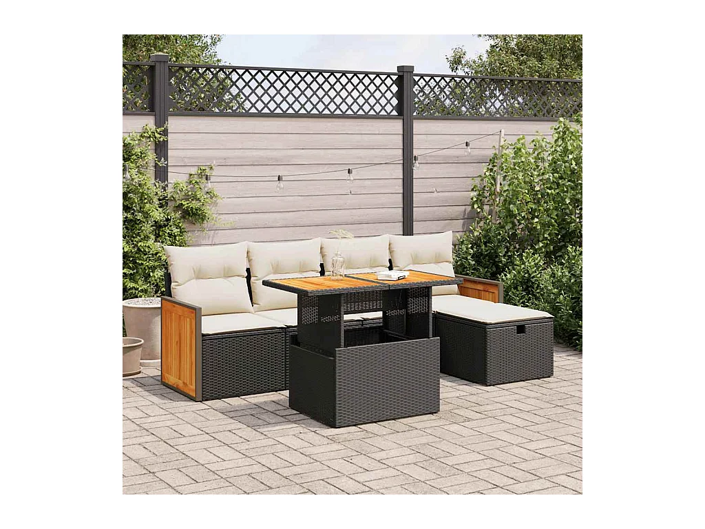 Salon de jardin 6 pièces avec coussins noir résine tressée