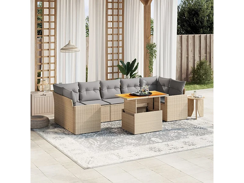 8 peças conjunto de sofás para jardim com almofadões vime PE bege