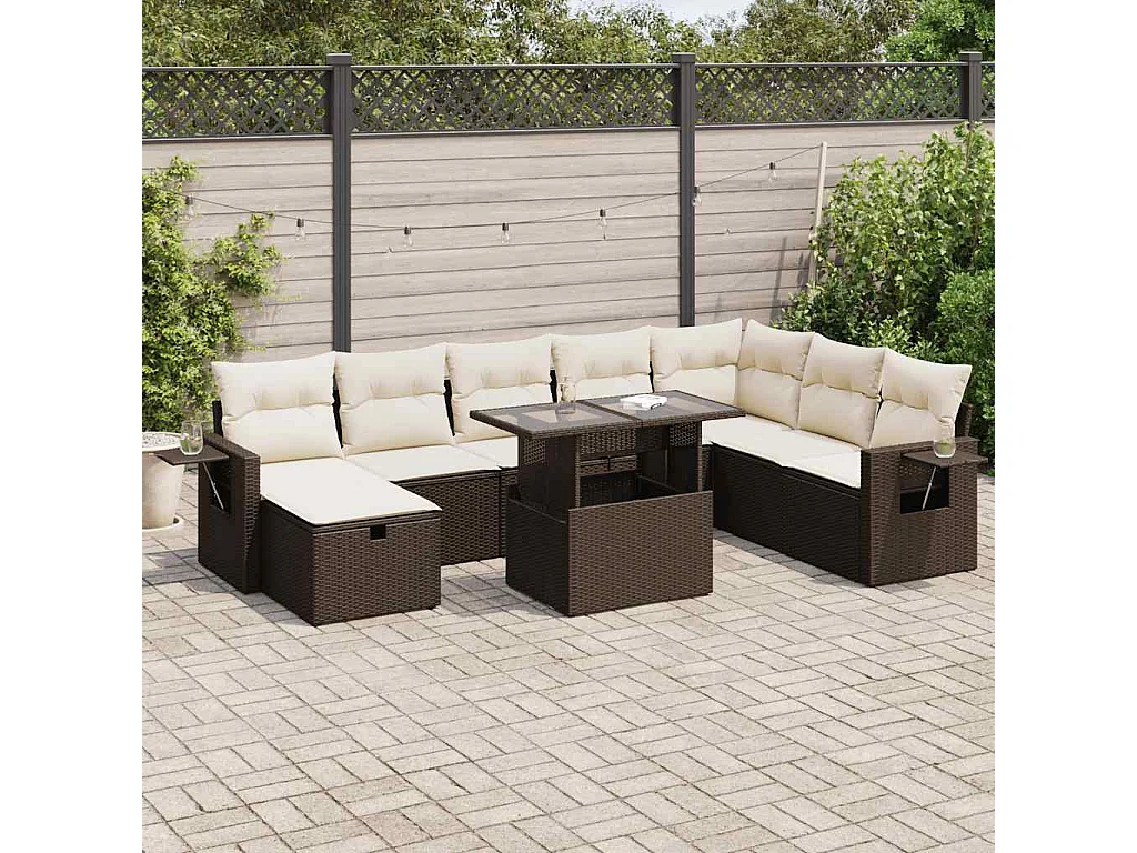 9-delige Loungeset met kussens poly rattan bruin
