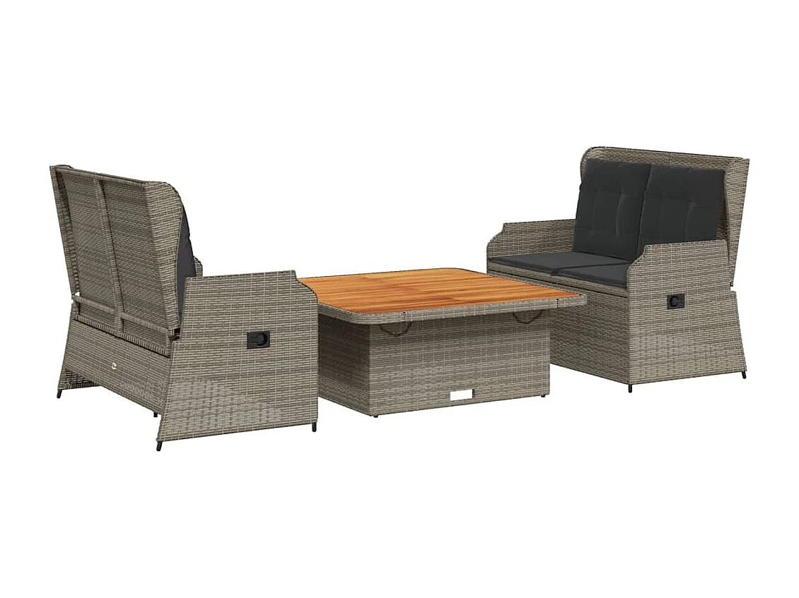 Set de muebles de jardín 3 piezas y cojines ratán sintético gris
