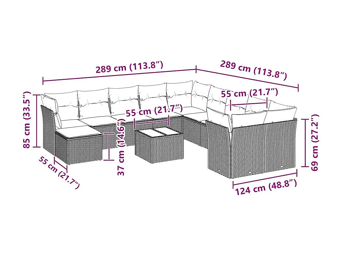 12-delige Loungeset met kussens poly rattan lichtgrijs