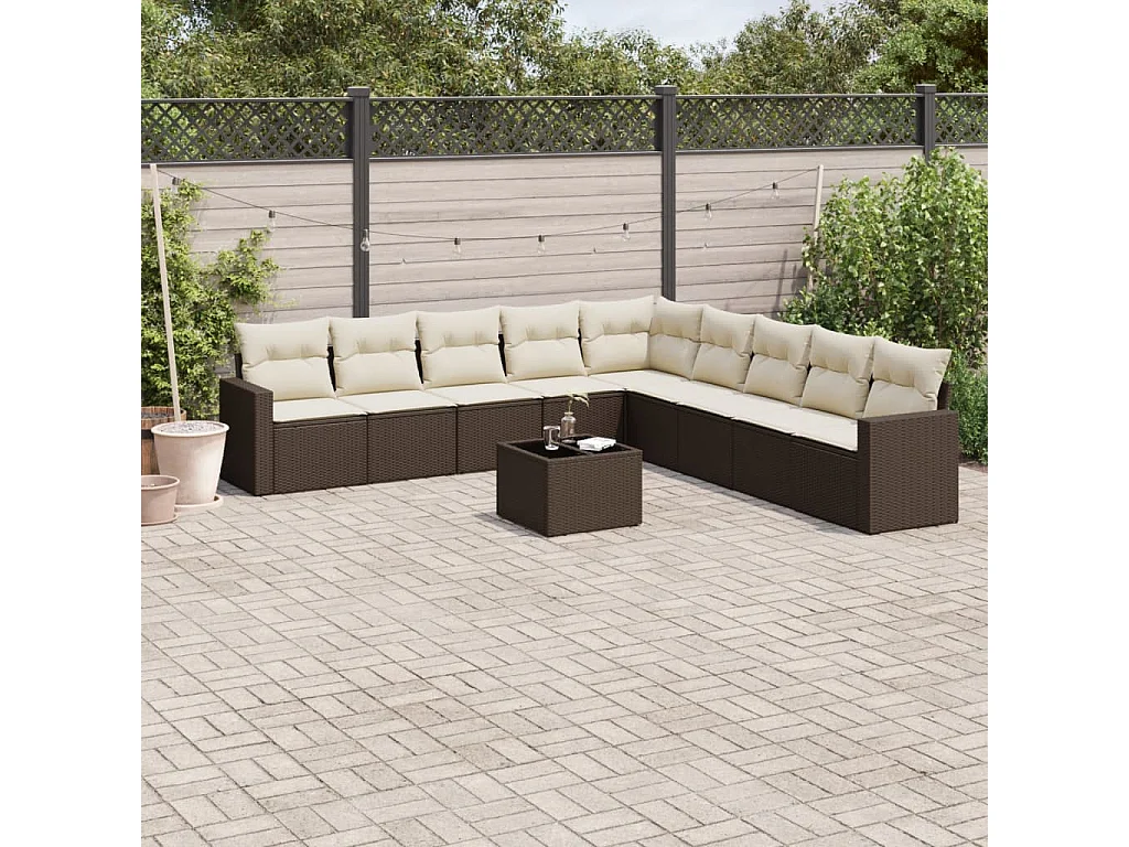 Salon de jardin 10 pièces avec coussins marron résine tressée