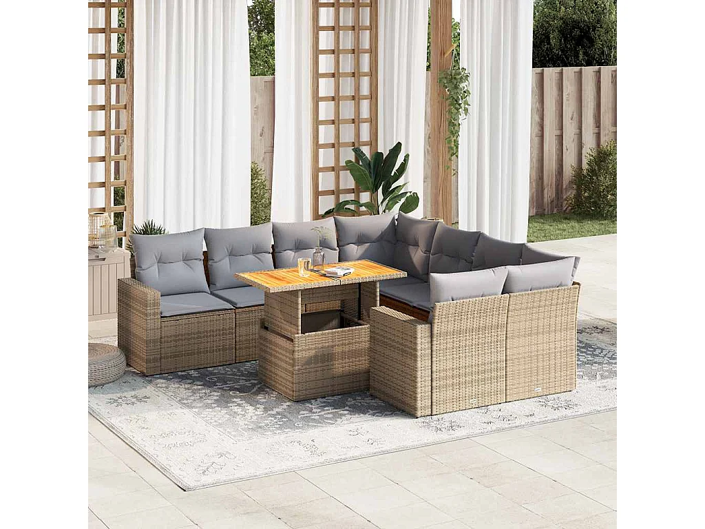 Salon de jardin avec coussins 9 pièces beige résine tressée
