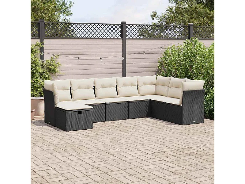 Salon de jardin 8 pièces avec coussins noir résine tressée