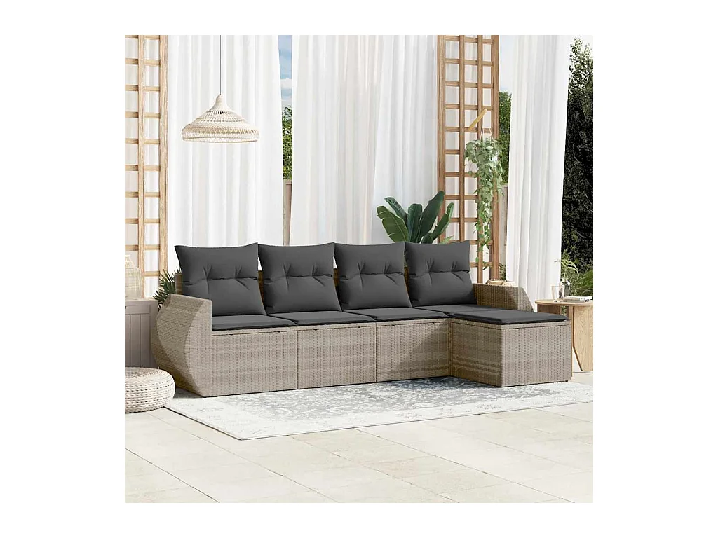 5-delige Loungeset met kussens poly rattan lichtgrijs