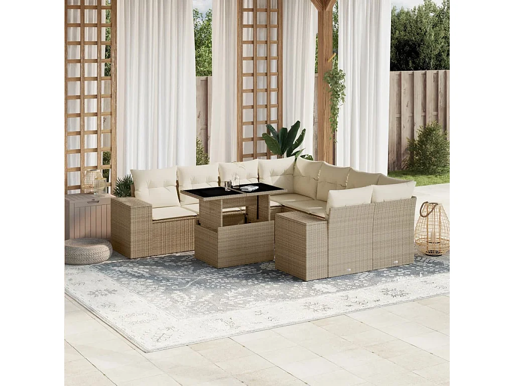 9-delige Loungeset met kussens poly rattan beige
