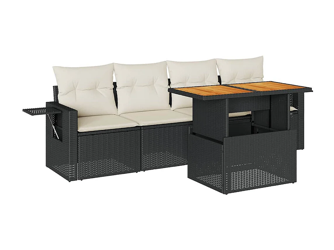 5 peças conjunto sofás de jardim com almofadões vime PE preto