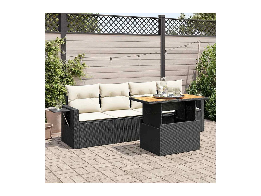 5-delige Loungeset met kussens poly rattan zwart
