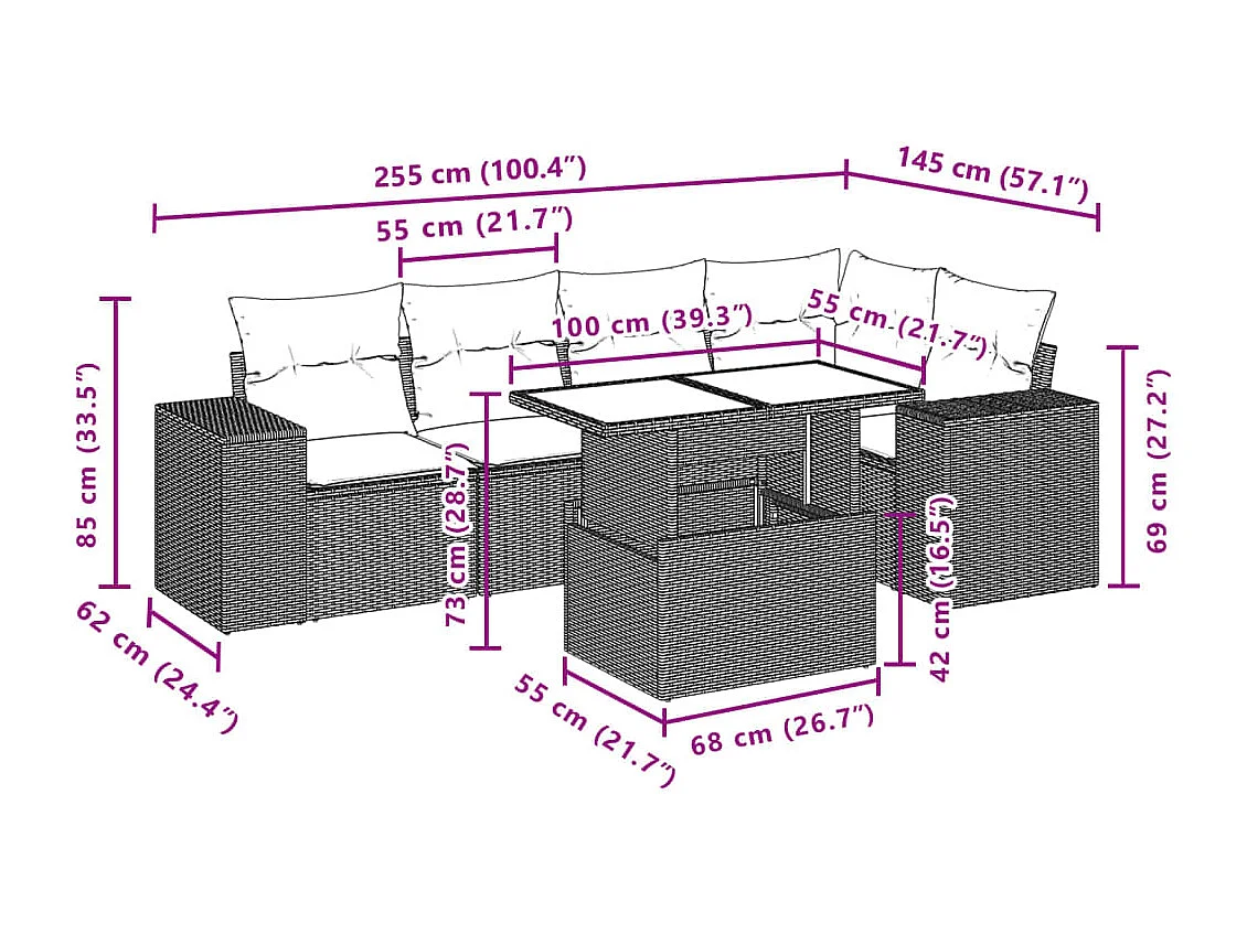 Set sofás de jardín 6 piezas y cojines ratán sintético marrón