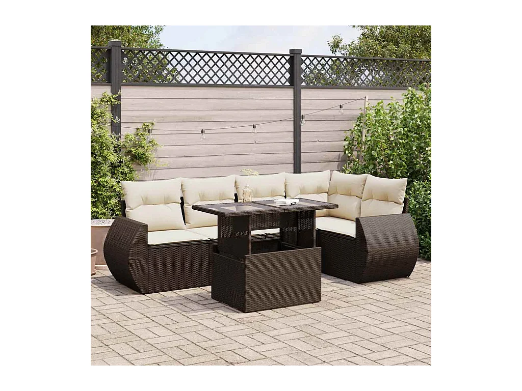 6 peças conjunto de sofás jardim com almofadões vime PE castanho