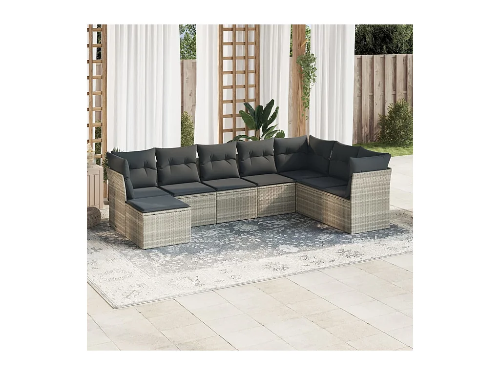 Set de sofás de jardín 8 piezas y cojines ratán sintético gris