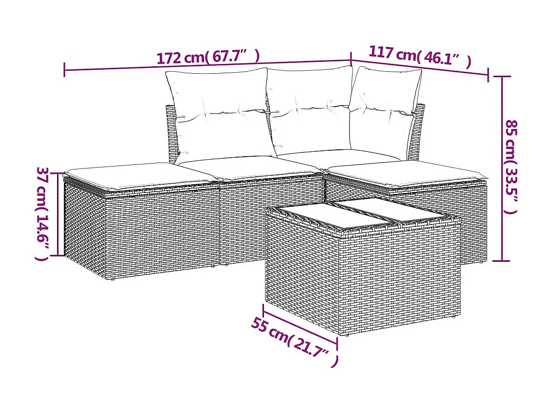 5-delige Loungeset met kussens poly rattan bruin