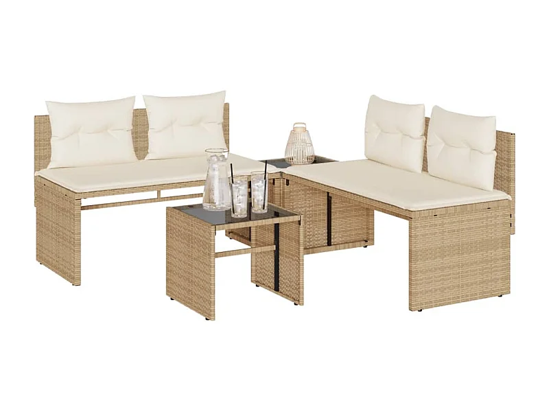 4 peças conjunto de sofás para jardim com almofadões vime PE bege