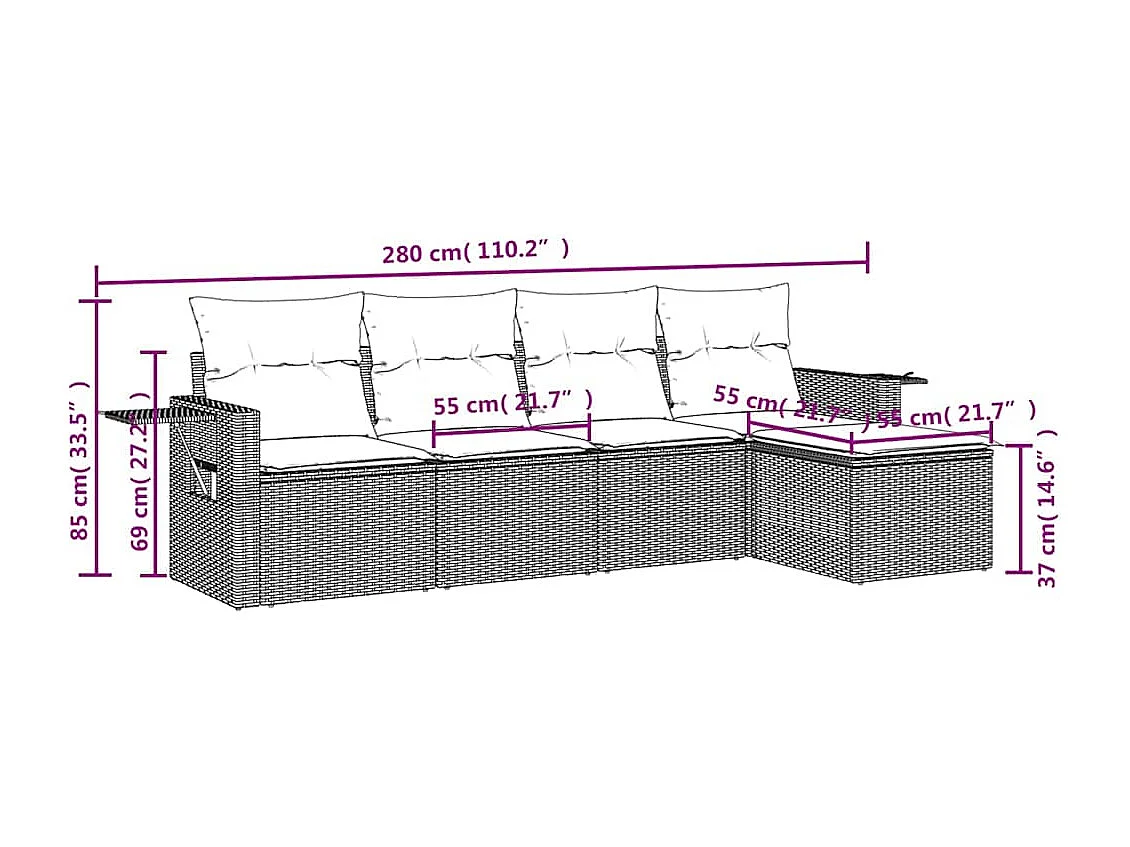 Salon de jardin 5 pièces avec coussins gris clair résine tressée