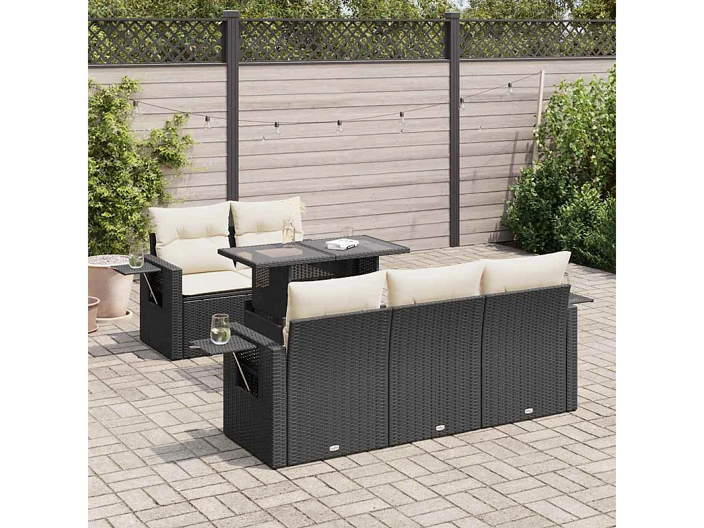 Set de sofás de jardín 6 piezas y cojines ratán sintético negro