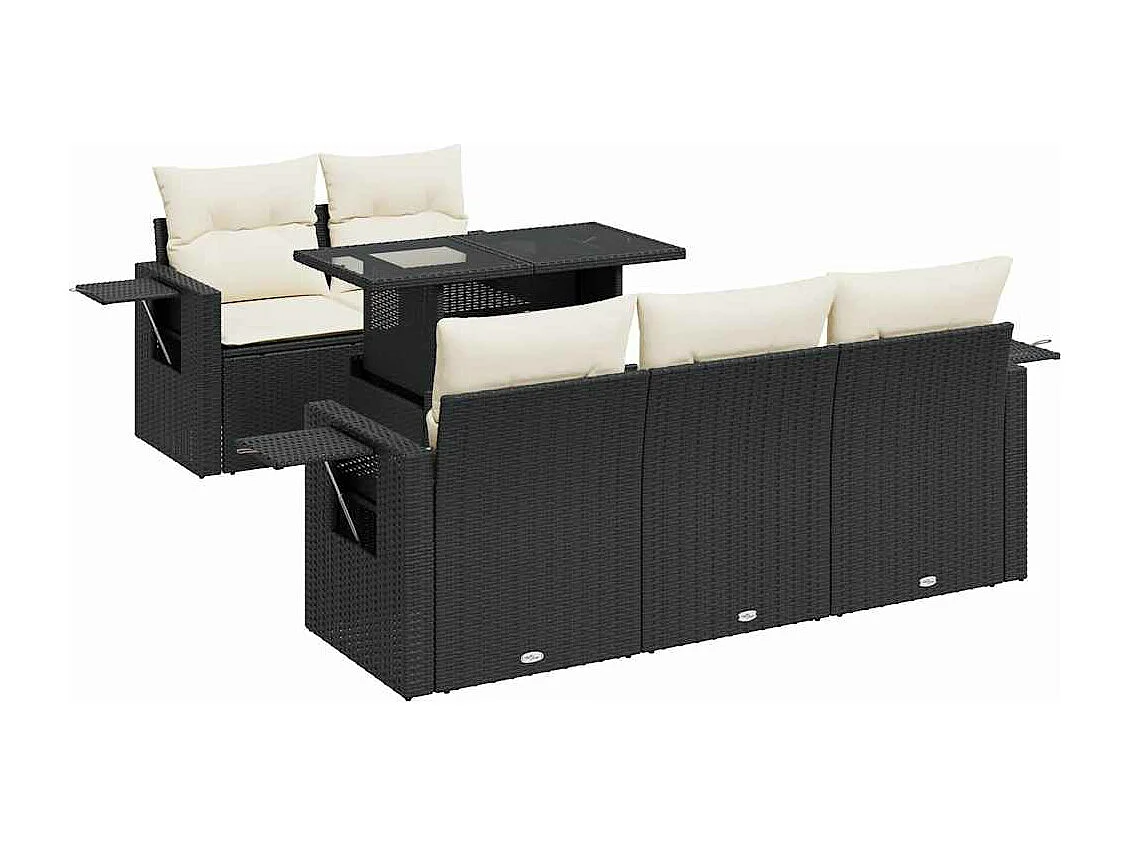 Set de sofás de jardín 6 piezas y cojines ratán sintético negro