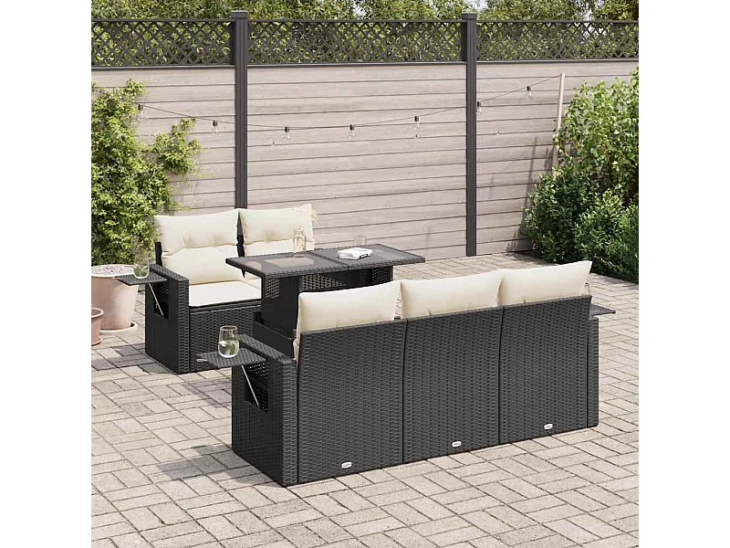 Salon de jardin 6 pièces avec coussins noir résine tressée