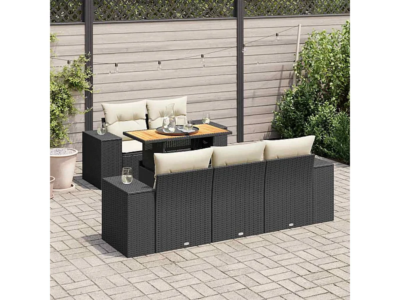 6-delige Loungeset met kussens poly rattan zwart