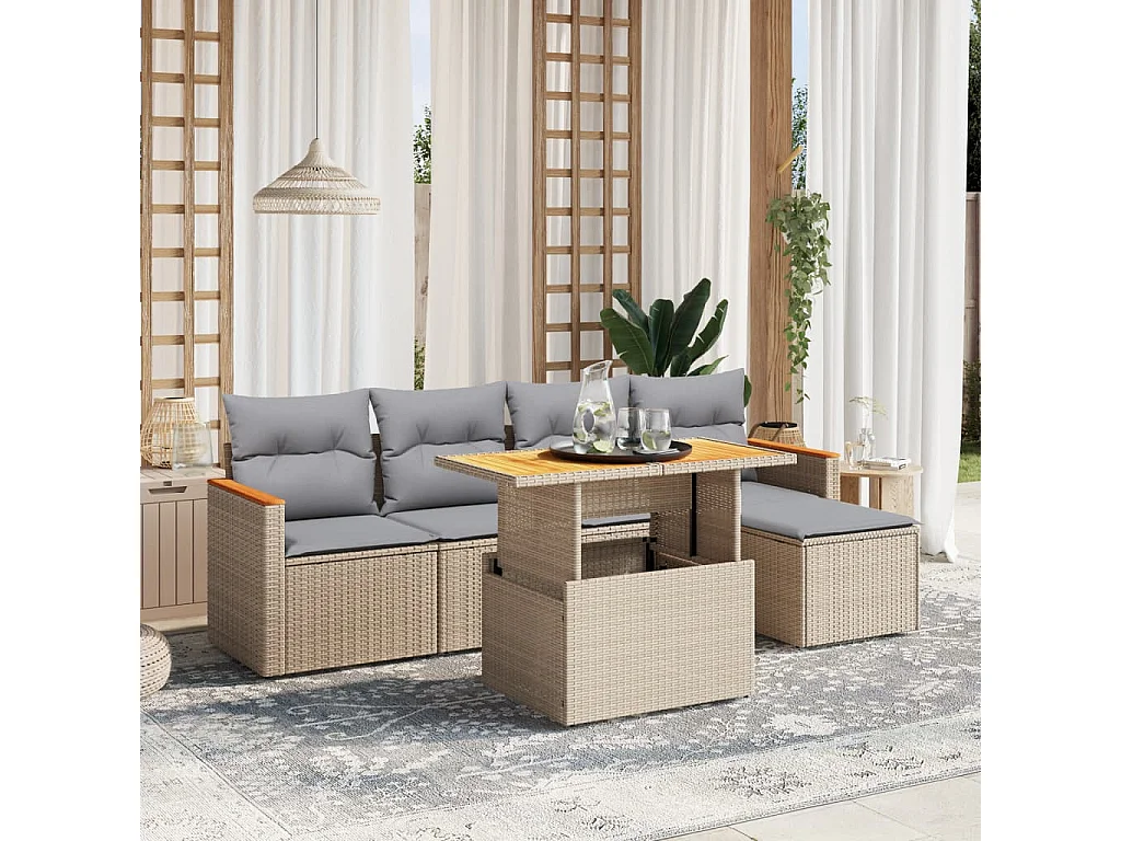 6-delige Loungeset met kussens poly rattan beige