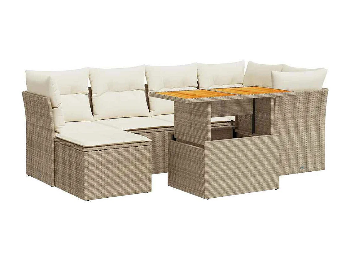 7-delige Loungeset met kussens poly rattan beige