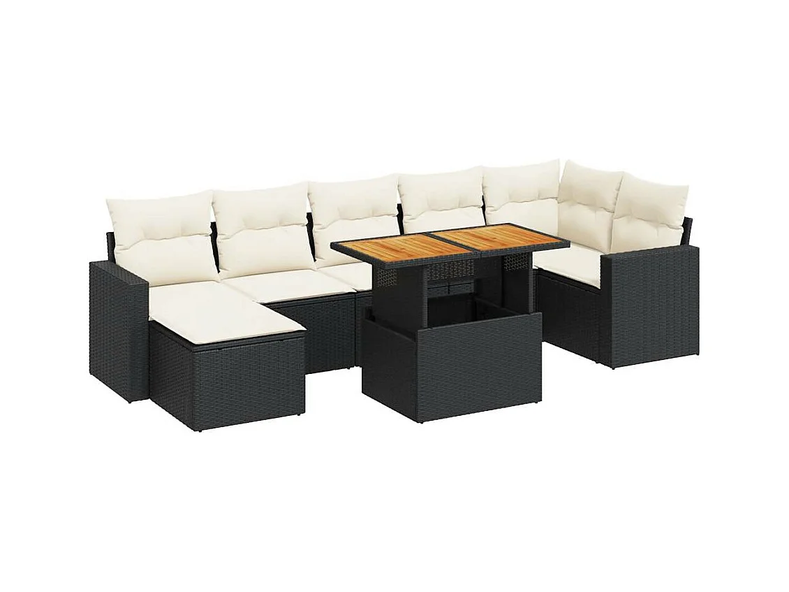 8-delige Loungeset met kussens poly rattan zwart