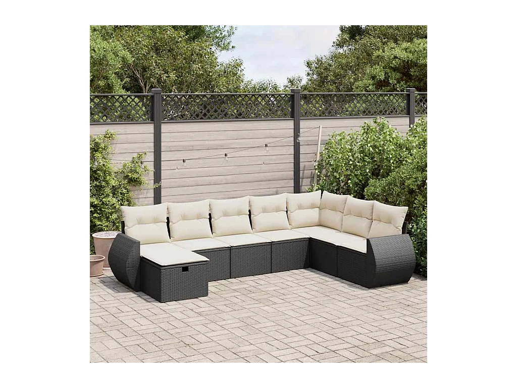 8-delige Loungeset met kussens poly rattan zwart