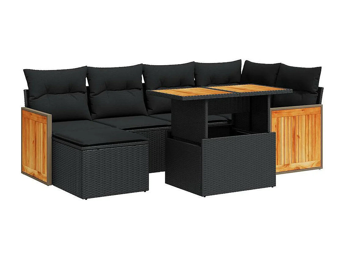 7-delige Loungeset met kussens poly rattan acacia zwart