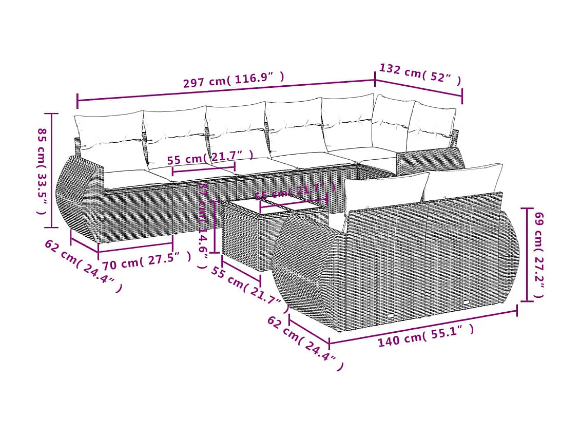 9-delige Loungeset met kussens poly rattan bruin
