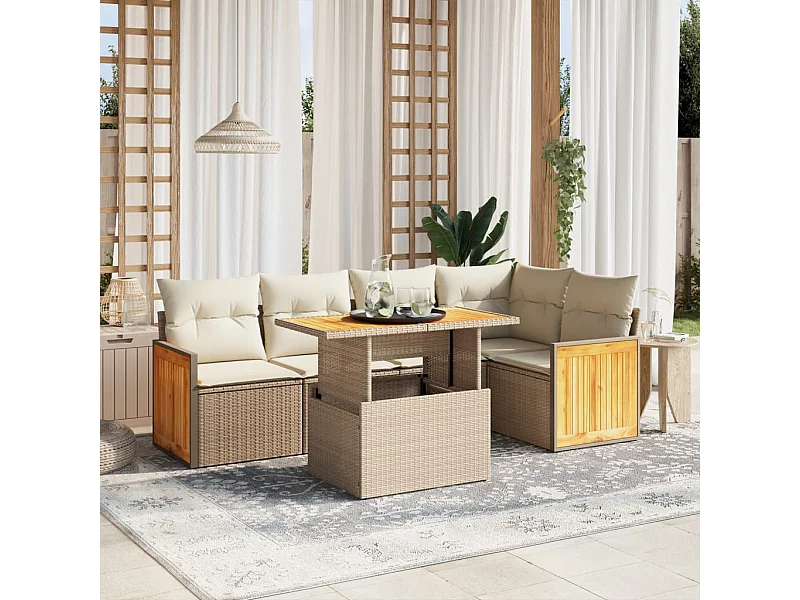 Salon de jardin avec coussins 6 pièces beige résine tressée