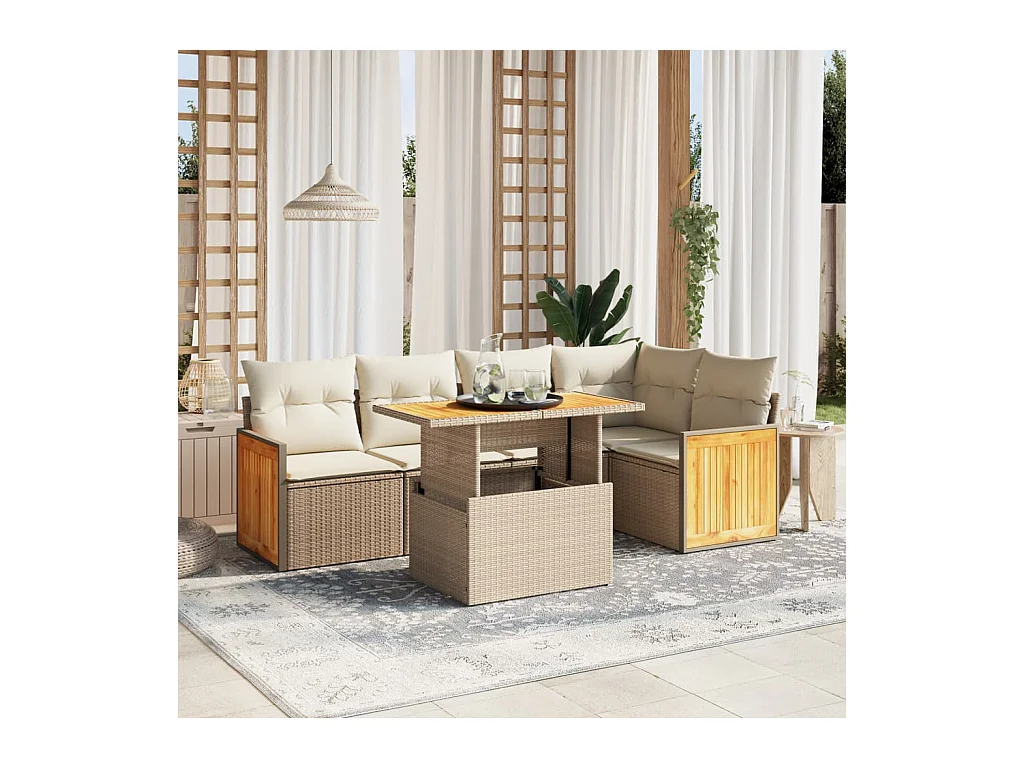 Salon de jardin avec coussins 6 pièces beige résine tressée