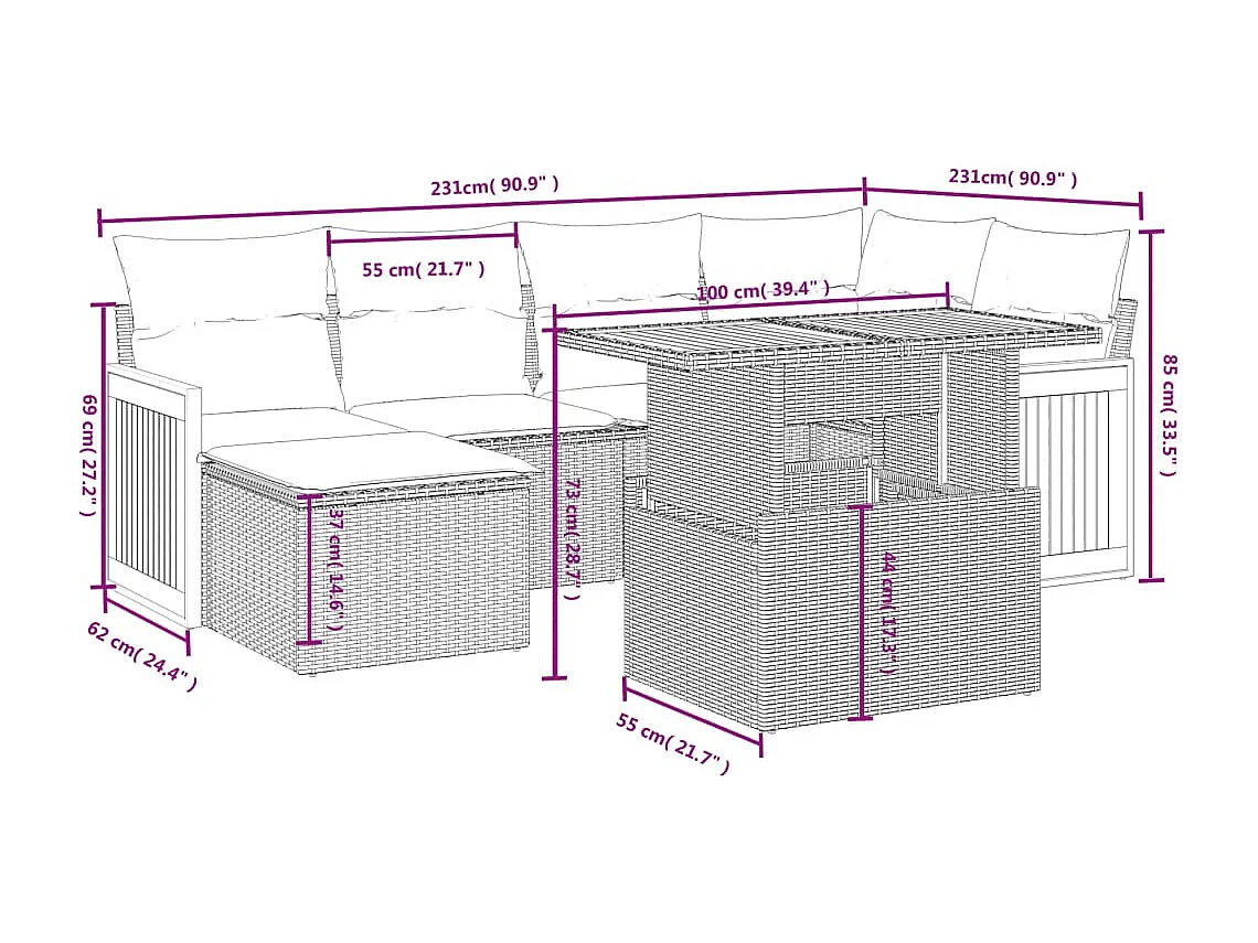 6-delige Loungeset met kussens poly rattan beige