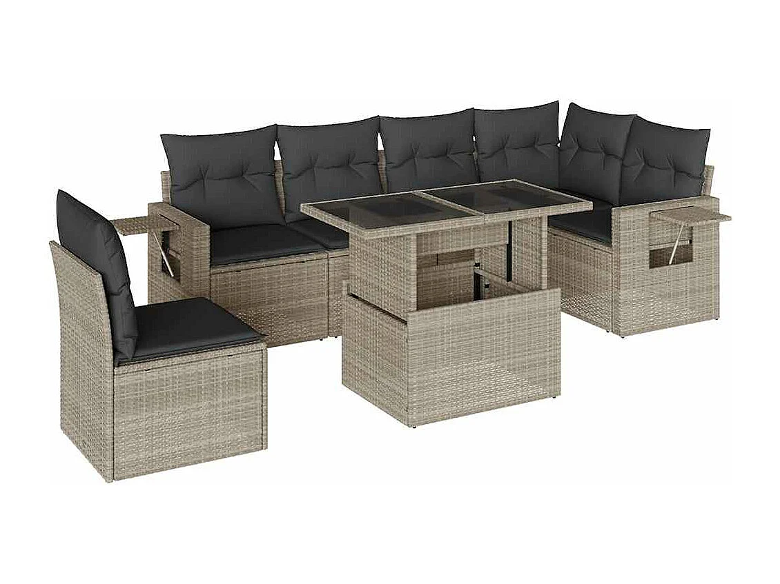 7-delige Loungeset met kussens poly rattan lichtgrijs