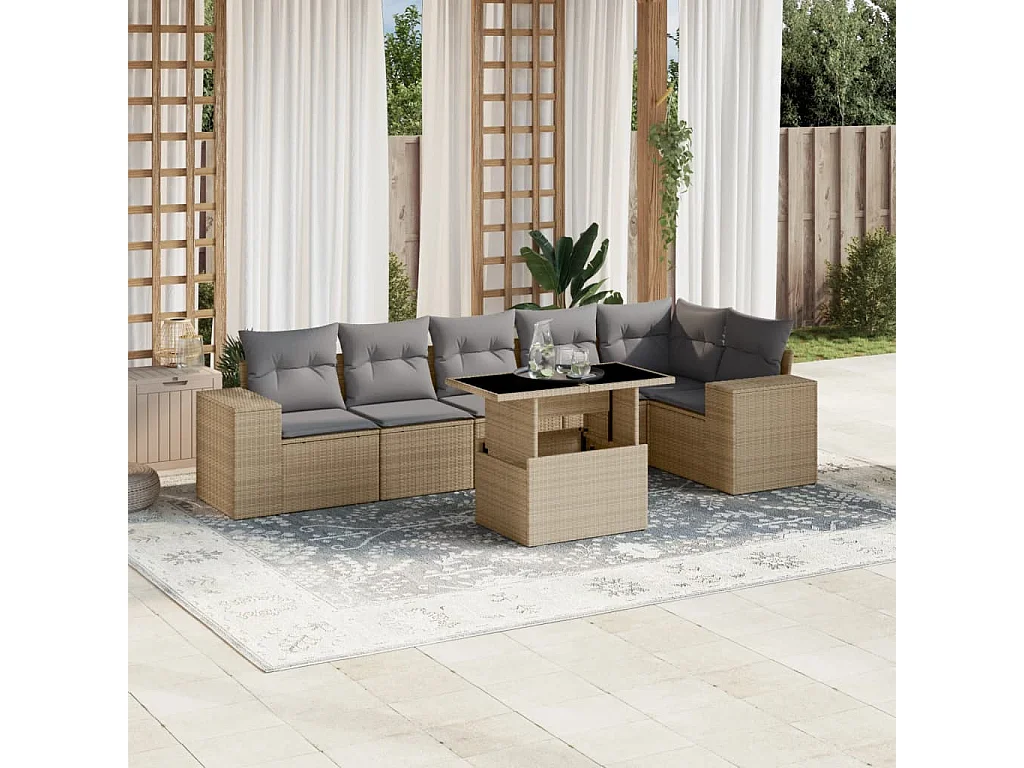 Set sofás de jardín 7 piezas y cojines ratán sintético beige