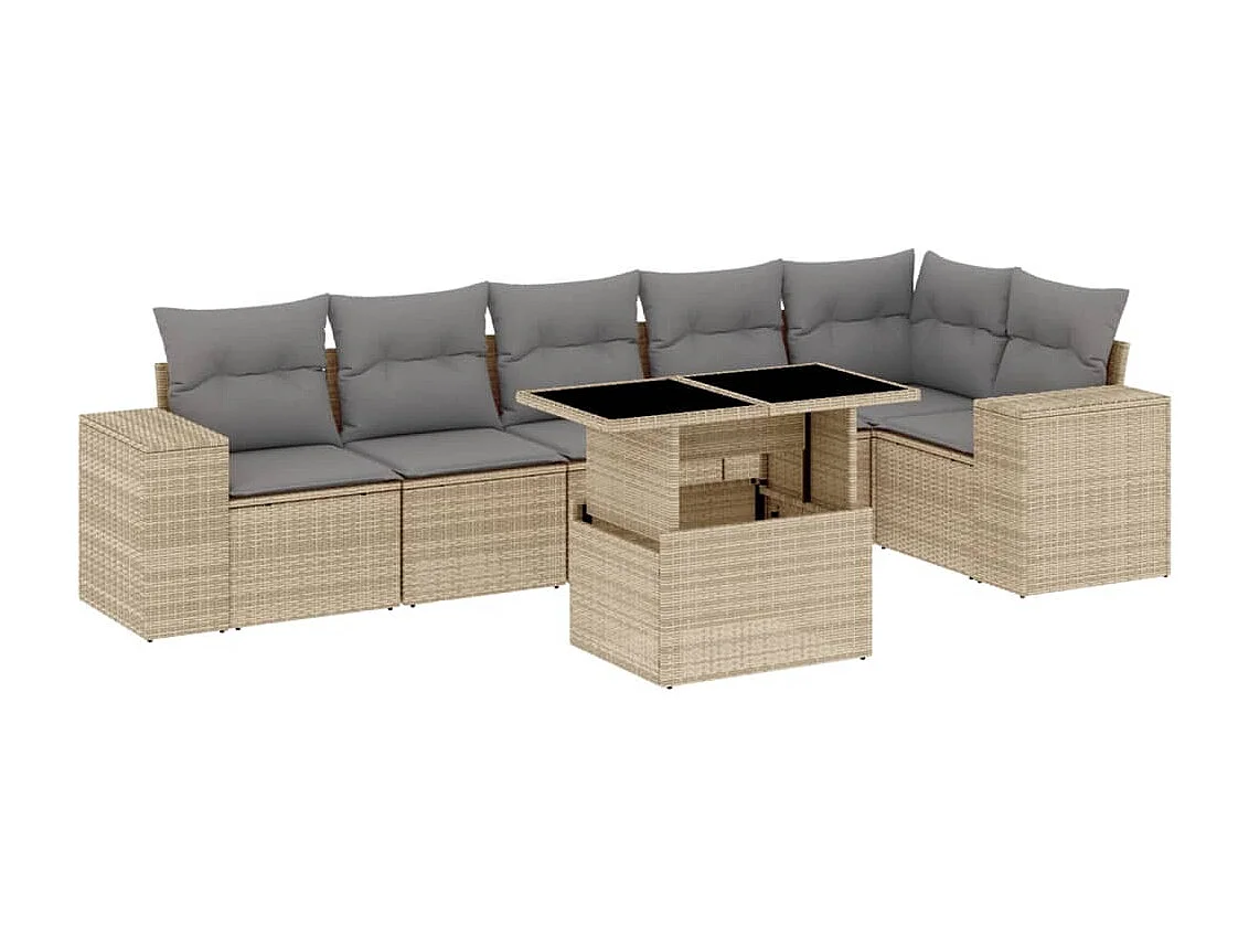 Set sofás de jardín 7 piezas y cojines ratán sintético beige