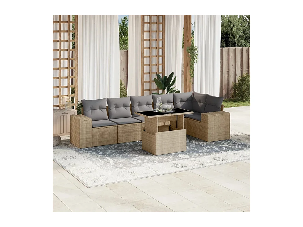 7-delige Loungeset met kussens poly rattan beige