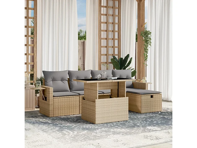 6 peças conjunto de sofás para jardim com almofadões vime PE bege