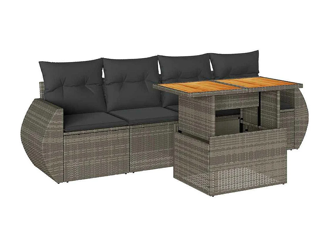 5 peças conjunto sofás de jardim com almofadões vime PE cinzento