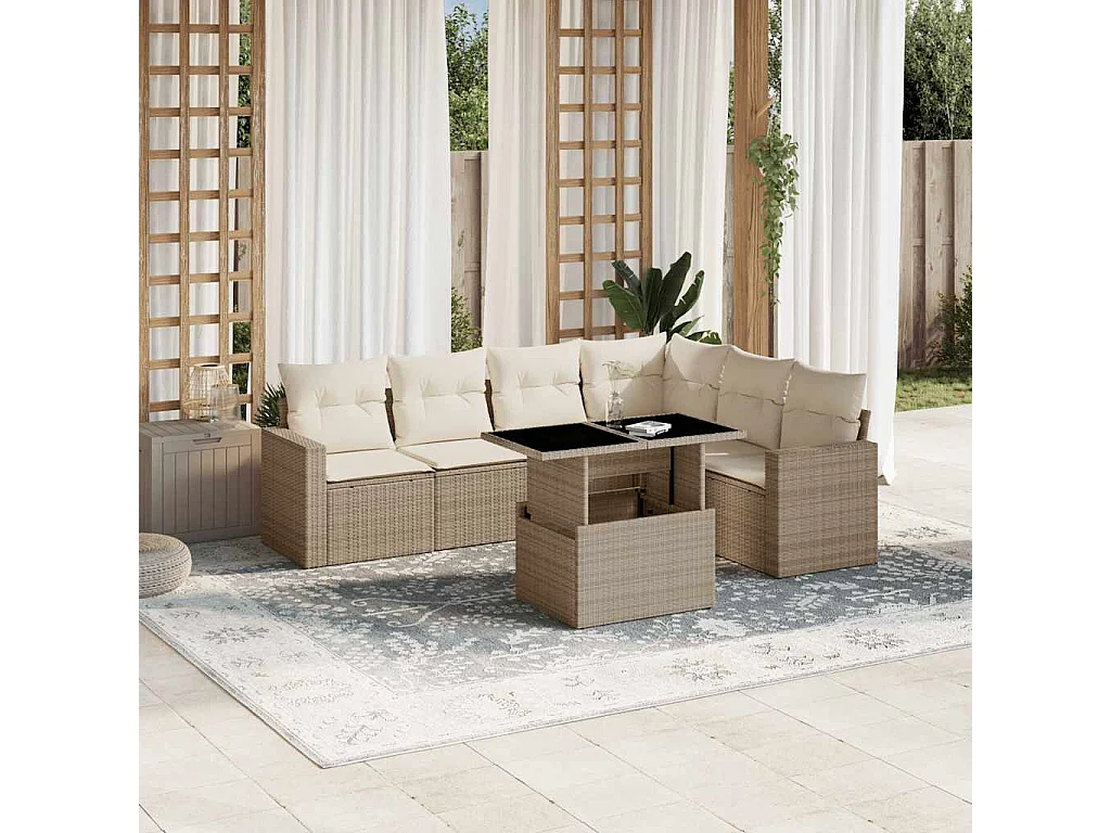 Set sofás de jardín 7 piezas y cojines ratán sintético beige