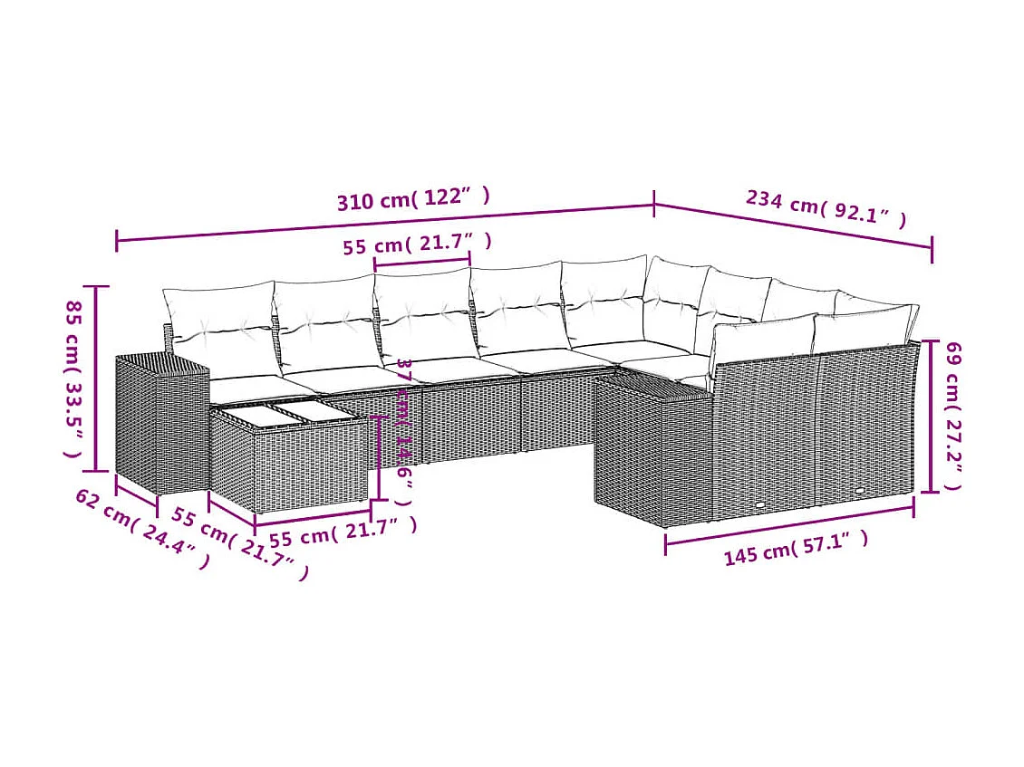 Salon de jardin 10 pièces avec coussins marron résine tressée