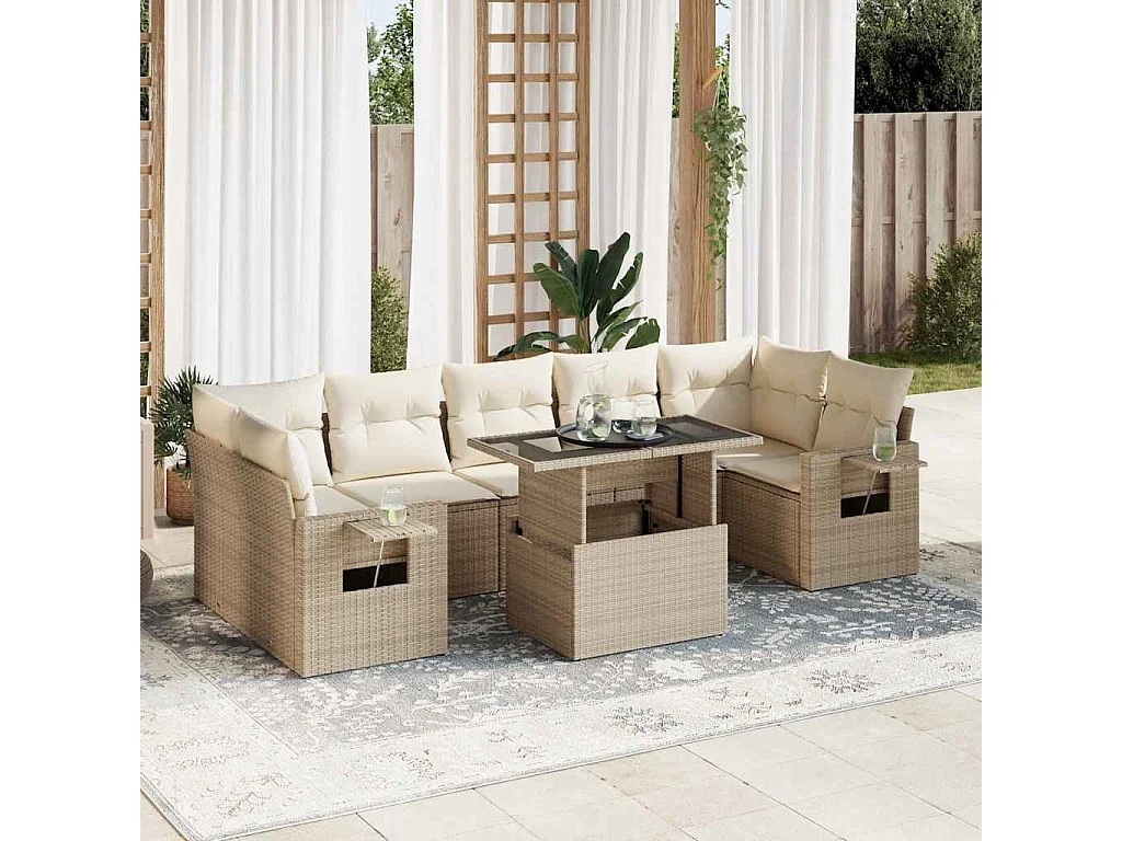 Set de sofás de jardín y cojines 8 piezas ratán sintético beige