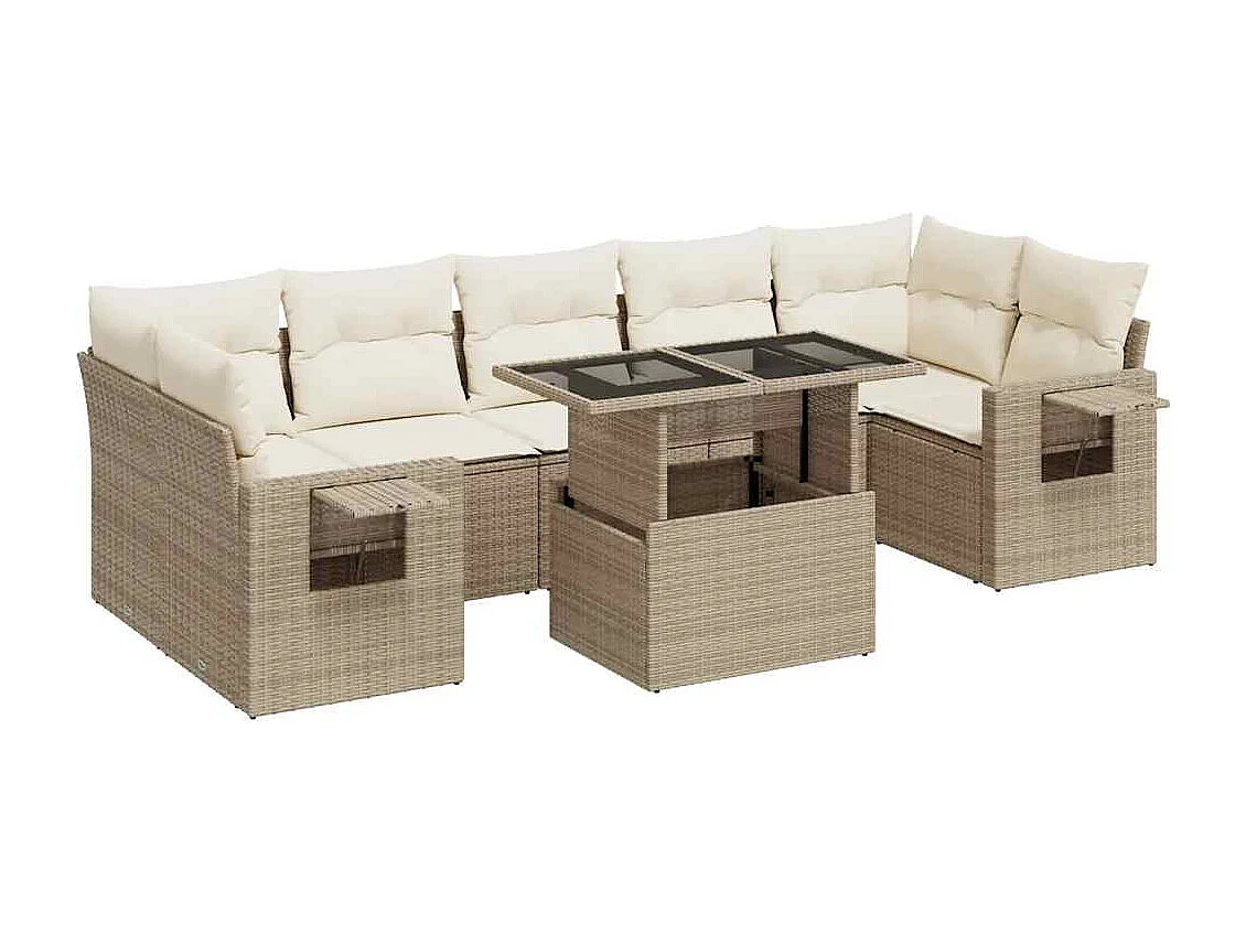 Set de sofás de jardín y cojines 8 piezas ratán sintético beige