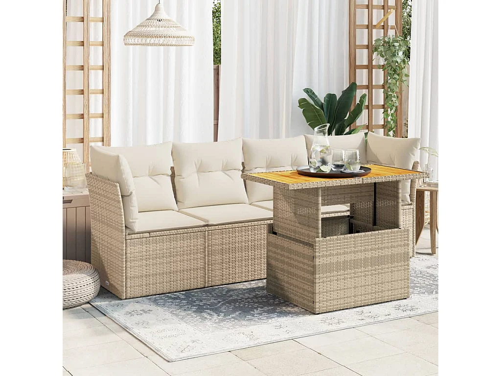 5-delige Loungeset met kussens poly rattan beige