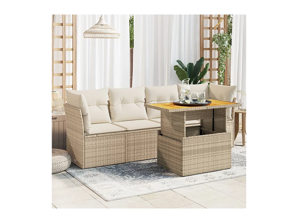 Salon de jardin avec coussins 5 pièces beige résine tressée