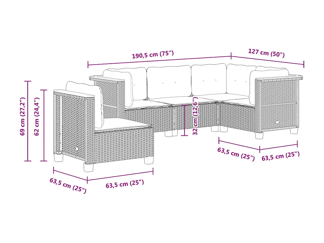 Set de muebles de jardín 5 piezas y cojines ratán sintético negro