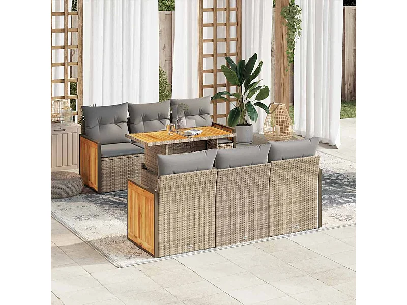 Salon de jardin avec coussins 7 pièces beige résine tressée acacia