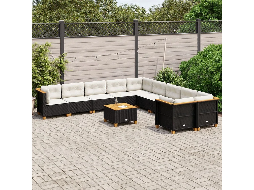 11-delige Loungeset met kussens poly rattan zwart