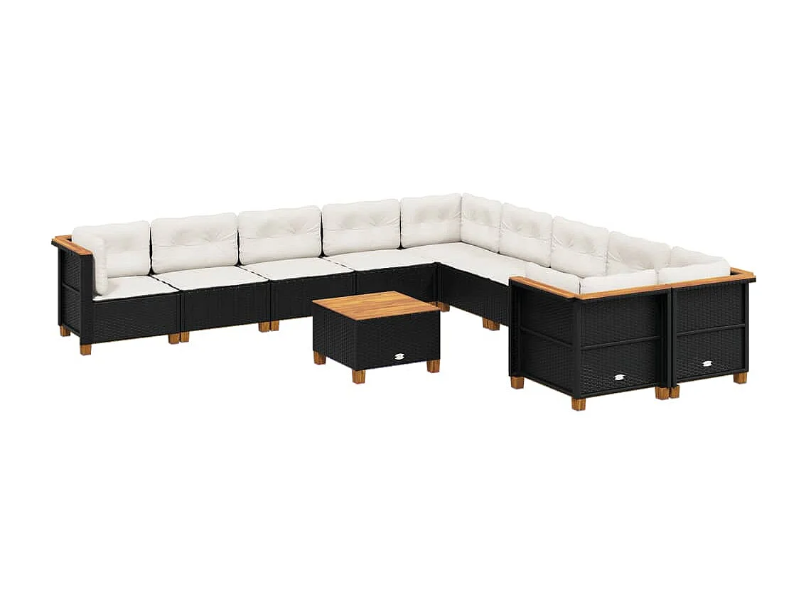 11-delige Loungeset met kussens poly rattan zwart