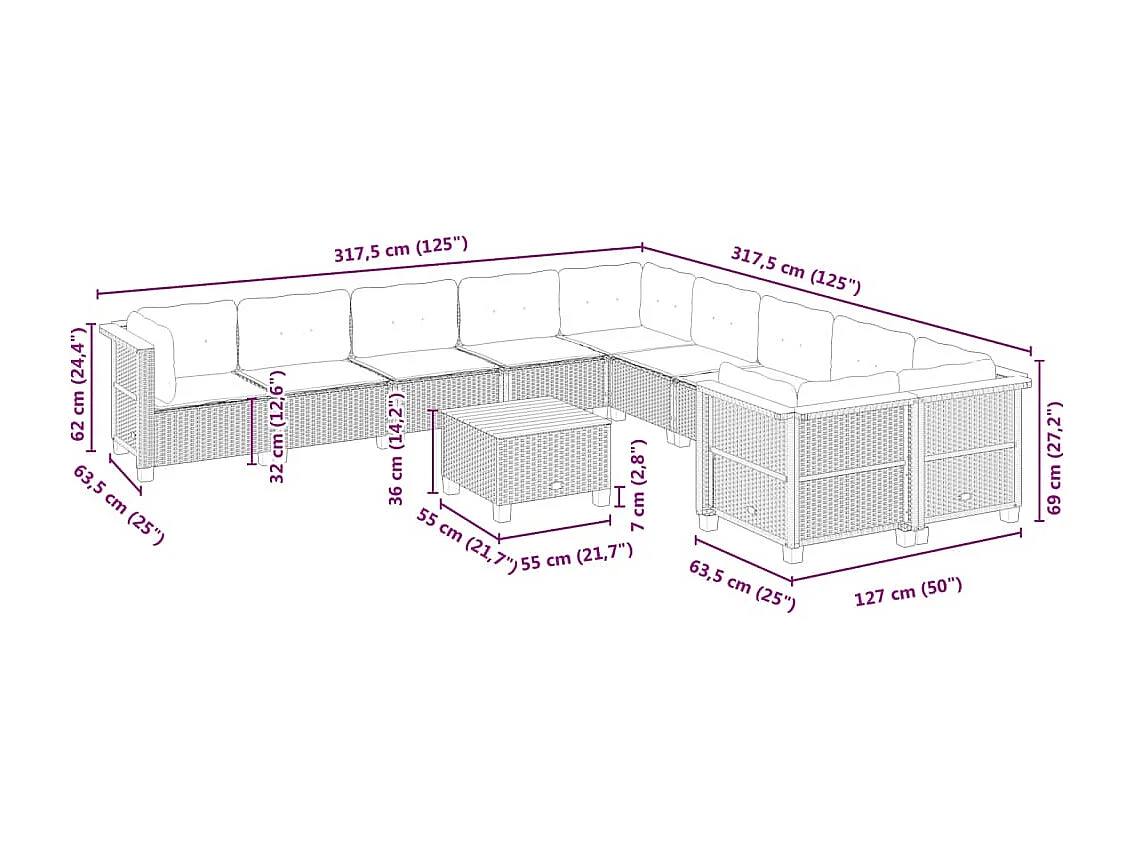 11-delige Loungeset met kussens poly rattan zwart