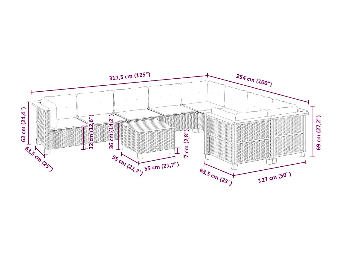 10 peças conjunto sofás de jardim com almofadões vime PE preto